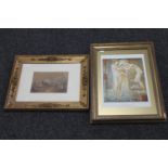 An early 20th century gilt framed watercolour, figures on rural path,