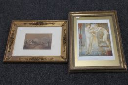 An early 20th century gilt framed watercolour, figures on rural path,