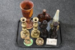 A tray of treen goblet, pair of brass candlesticks, amethyst glass candlesticks,