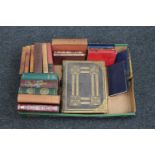 A box of antique leather bound family bible with book plates,