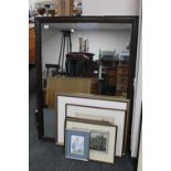 A large unframed mirror and eight assorted framed pictures