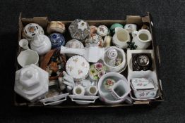 A box of assorted china - Aynsley vases, ginger jars, trinket dishes,