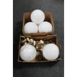 Two boxes of opaque globe glass light shades with pendants