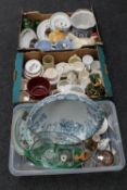 Three boxes of assorted china, glass ware,