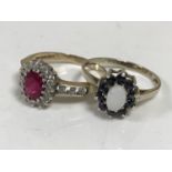 A 9ct gold synthetic ruby cluster ring, size Q1/2, together with another cluster ring,