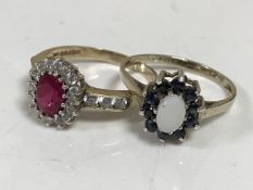 A 9ct gold synthetic ruby cluster ring, size Q1/2, together with another cluster ring,