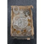 A box of assorted drinking glasses, lead crystal water jug,