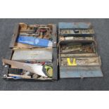 Two boxes of assorted hand tools, socket set,