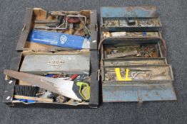 Two boxes of assorted hand tools, socket set,