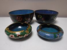 Two cloisonne finger bowls and two cloisonne ashtrays