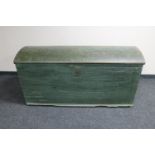 A 19th century hand painted domed topped shipping trunk with cast iron carry handles (locked)