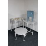 A painted 20th century sewing box together with three painted occasional tables