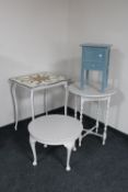 A painted 20th century sewing box together with three painted occasional tables