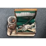 An oak cutlery canteen together with a large quantity of assorted tables cutlery,