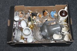 A box of glass ware, pewter teapot, Sadler coffee pot and cups,