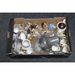 A box of glass ware, pewter teapot, Sadler coffee pot and cups,