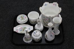 A tray of ten pieces of Aynsley Wild Tudor china together with a Belleek vase and a Maling teapot