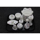 A tray of ten pieces of Aynsley Wild Tudor china together with a Belleek vase and a Maling teapot