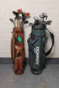 Two golf bags containing assorted irons and drivers