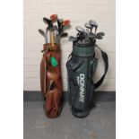 Two golf bags containing assorted irons and drivers