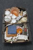 Two boxes of assorted china, continental figures, cased cutlery,