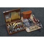 A tray of assorted plated pieces, letter opener, cottage ornaments, binoculars in leather case,