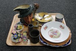 A tray of large Royal Doulton pied piper character jug, antique dishes, flower posies,