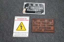 Three railway safety notices - danger of electrocution,