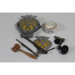 A box of two vintage AA badges, Fieldings novelty anti-Hitler ash pot, clock winder,