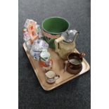 A tray of Art Deco pottery planter, Staffordshire flat back figure, Mason's Chinese Peony teapot,