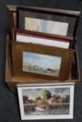 A box of assorted framed pictures and prints, framed movie pictures, oil on board,