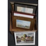 A box of assorted framed pictures and prints, framed movie pictures, oil on board,