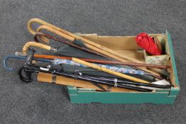 A box of walking stick with silver pommel, assorted sticks, parasols,