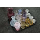 A tray of assorted glass vases and five lidded glass dishes