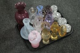 A tray of assorted glass vases and five lidded glass dishes