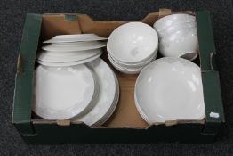 A box of twenty-four pieces of Denby Monsoon home dinner ware