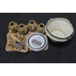 A tray of six Canterbury Collection collector's plates, five Woods Indian Tree pieces,