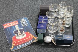 A tray of assorted drinking glasses, Gleneagles crystal shot glasses,