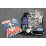 A tray of assorted drinking glasses, Gleneagles crystal shot glasses,