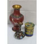 Two Chinese cloisonne vases and a cloisonne lidded pot