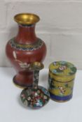 Two Chinese cloisonne vases and a cloisonne lidded pot