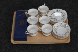 A tray containing six Royal Albert Brigadoon china trios together with a boxed set of three