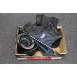 A box of horse riding equipment - two riding hats,