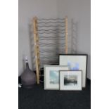 A Marks & Spencer fiver tier stacking wine rack, pottery table lamp,