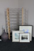 A Marks & Spencer fiver tier stacking wine rack, pottery table lamp,