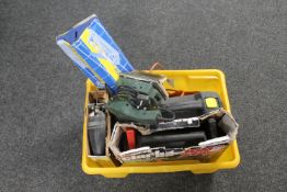 A box of assorted power tools - sander, electric drill, jigsaw, Clarke jump starter,