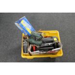 A box of assorted power tools - sander, electric drill, jigsaw, Clarke jump starter,