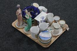 A tray of Ringtons Maling flower holder, antique and later tea cups and coffee cans,