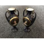 A pair of Austrian twin handled transfer printed vases (a/f)