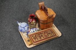 A tray of Chinese blue and white teapot, Chinese rice bucket, Imari wall plate,